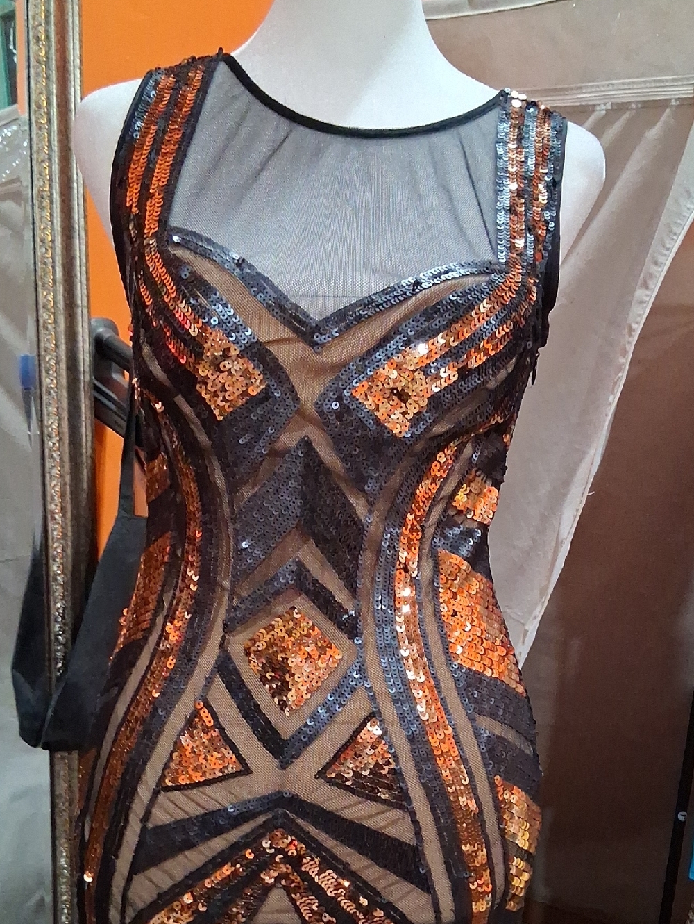 bebe Black and Copper Sequin Sheer Panel Mini Dress